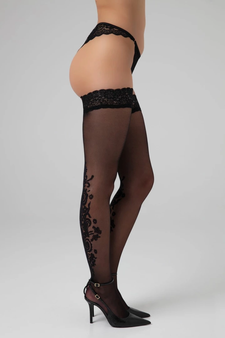 Christine Stay-Up Stockings Victorious Black 15 Den Floral Silicone Grip - Boutique Anelma Christine Stay-Up Stockings Victorious Black 15 Den Floral Silicone Grip