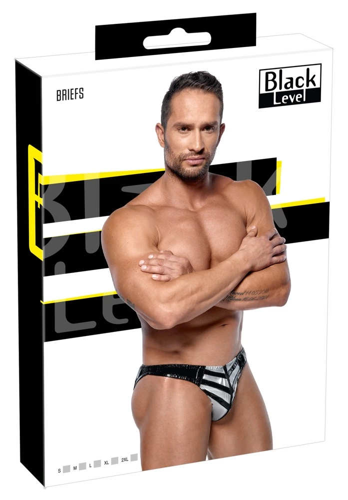 Black Level Vinyl Briefs Men 2XL Silver Stripe Zip Glossy Finish - Boutique Anelma Black Level Vinyl Briefs Men 2XL Silver Stripe Zip Glossy Finish