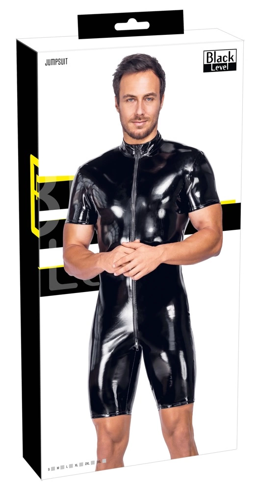 Black Level Men's Vinyl Short Playsuit M - Shiny Finish & 3-Way Zip