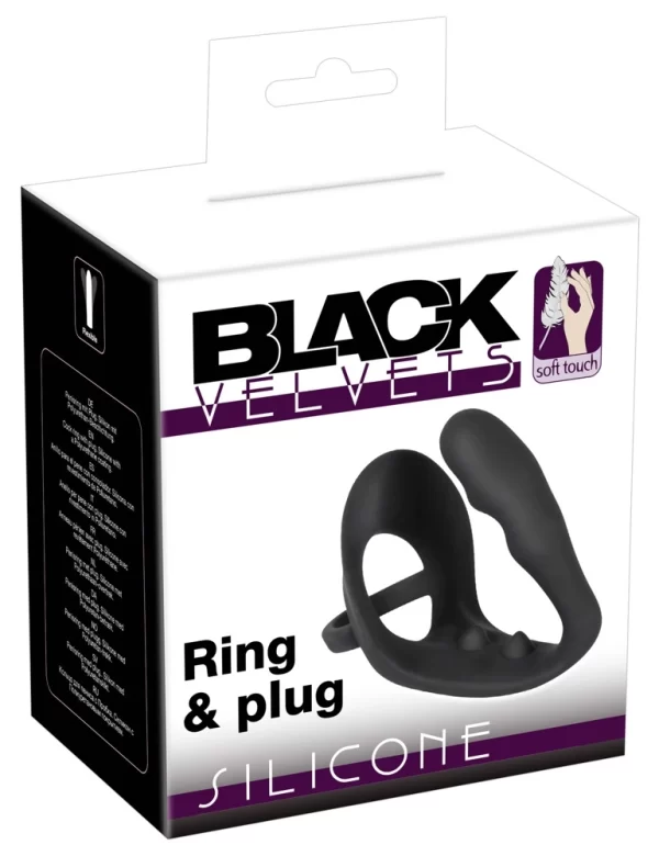Black Velvets Silicone Intimate Ring with Plug and Perineum Bridge - Boutique Anelma Black Velvets Silicone Intimate Ring with Plug and Perineum Bridge