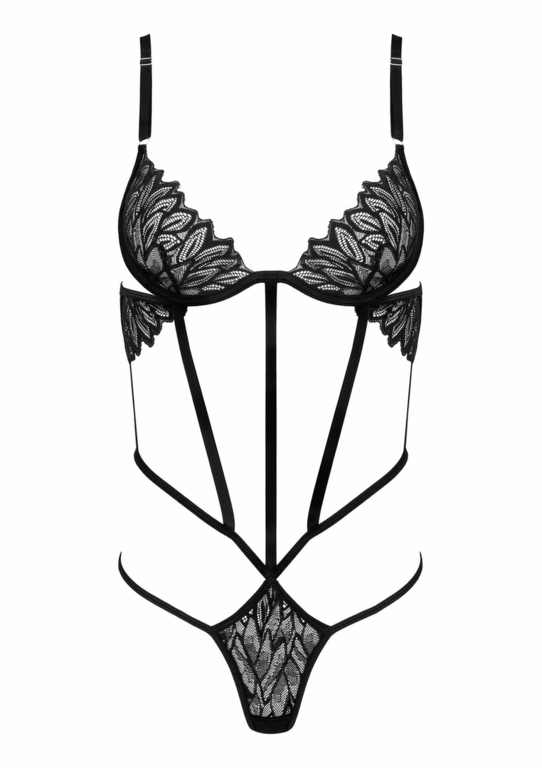 Lingerie Women - Boutique Anelma Body BD102 czarne koronkowe z geometrycznymi paskami Body