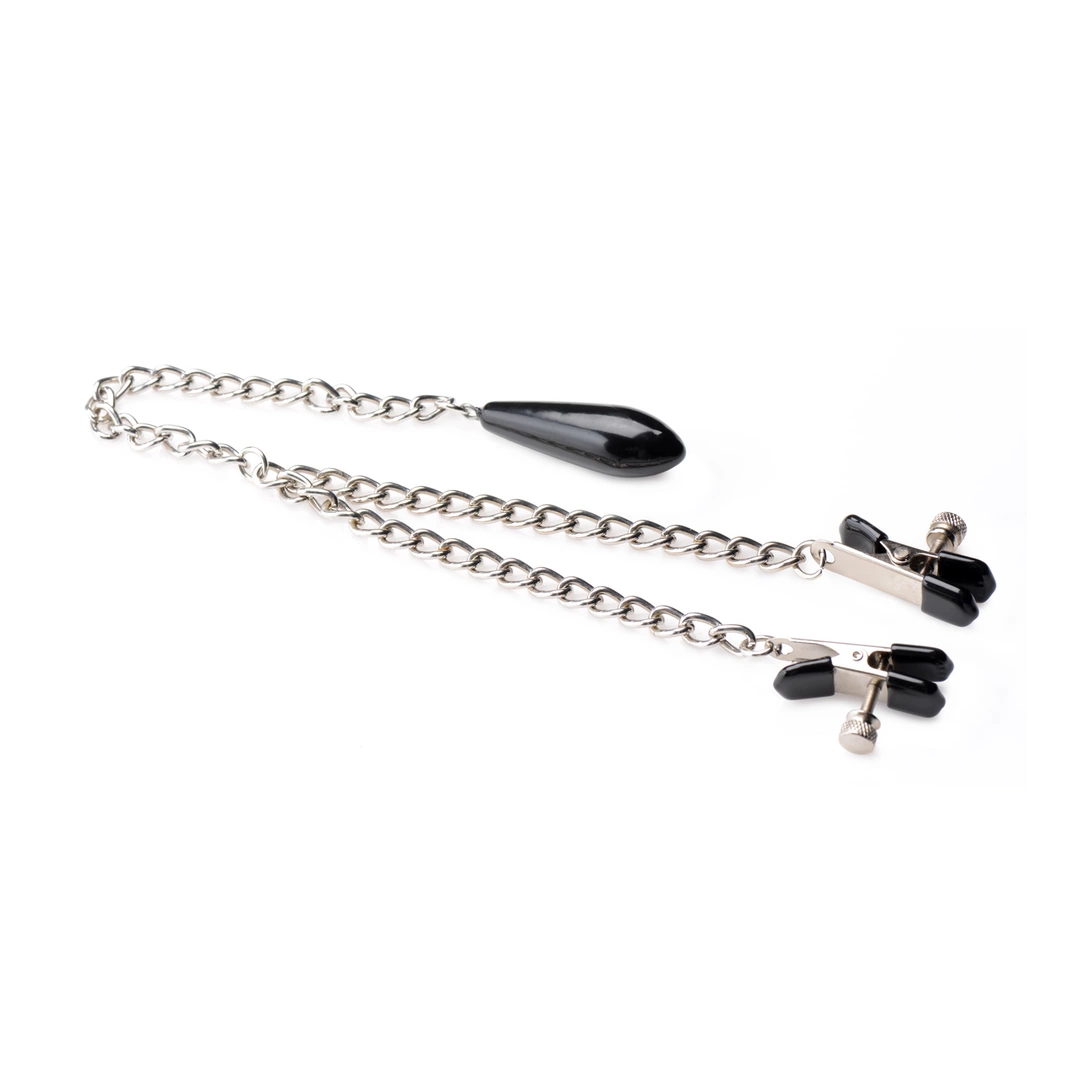 XR Brands Titty Taunter regulowane klipsy z obciążnikiem - Boutique Anelma <p><strong>Experience advanced control and precision in intimate play with the XR Brands Titty Taunter Adjustable Nipple Clamps with Weighted Bead.</strong> Designed for enthusiasts seeking a customizable experience