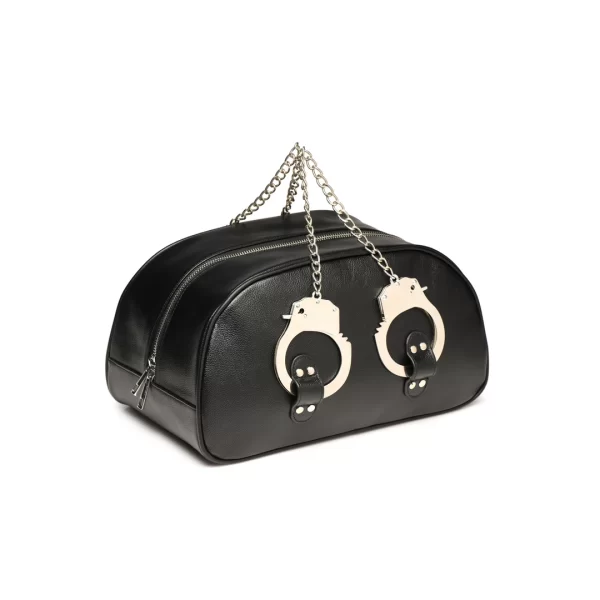 XR Brands Cuffed Travel Bag with Handcuff Handles Black Vegan Leather - Boutique Anelma XR Brands Cuffed Travel Bag with Handcuff Handles Black Vegan Leather