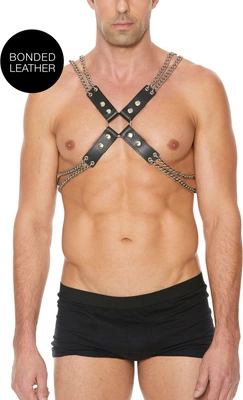 Ouch! Chain & Bonded Leather Adjustable Chest Harness Black 86-108 cm
