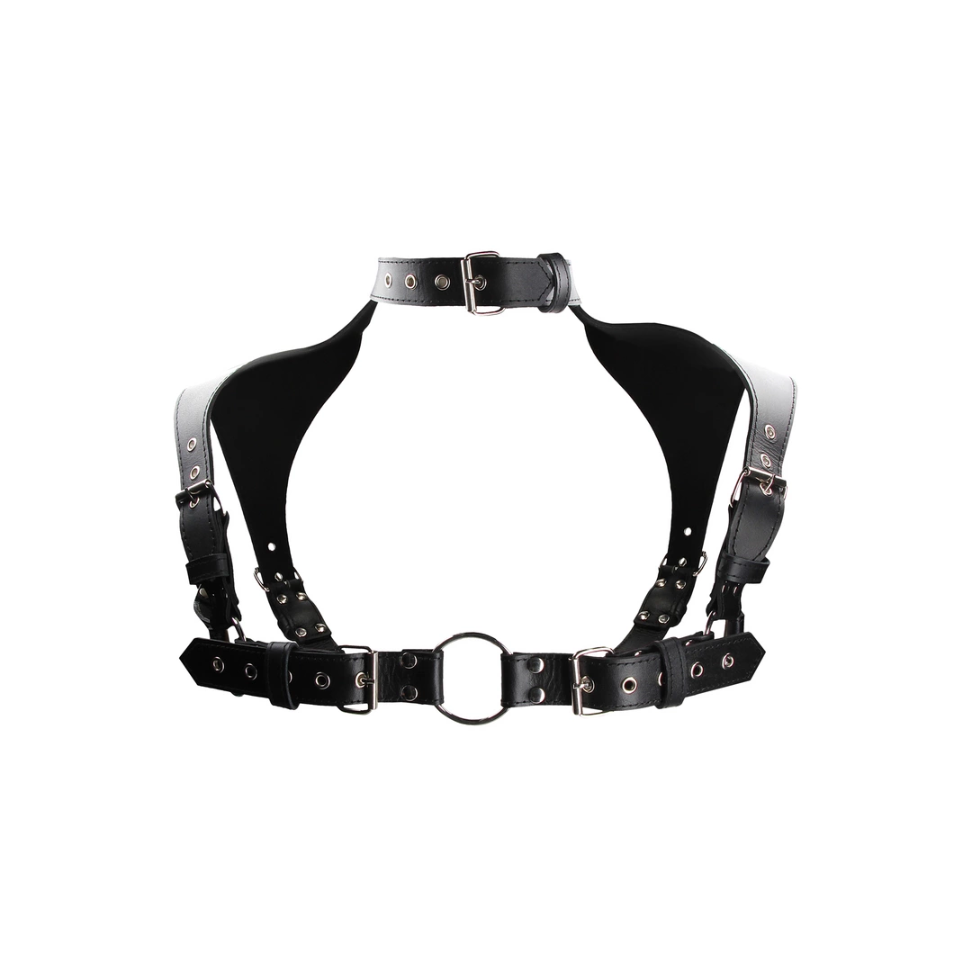 Harnesses - Boutique Anelma engineered for both style and versatility. This leather harness features robust black leather straps and a sturdy metal-buckle collar