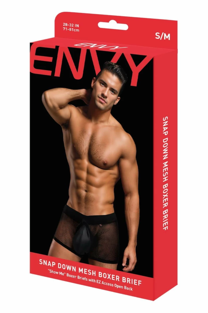 ENVY Snap Down Mesh Boxer Brief Black L/XL - Breathable Mesh - Boutique Anelma ENVY Snap Down Mesh Boxer Brief Black L/XL - Breathable Mesh