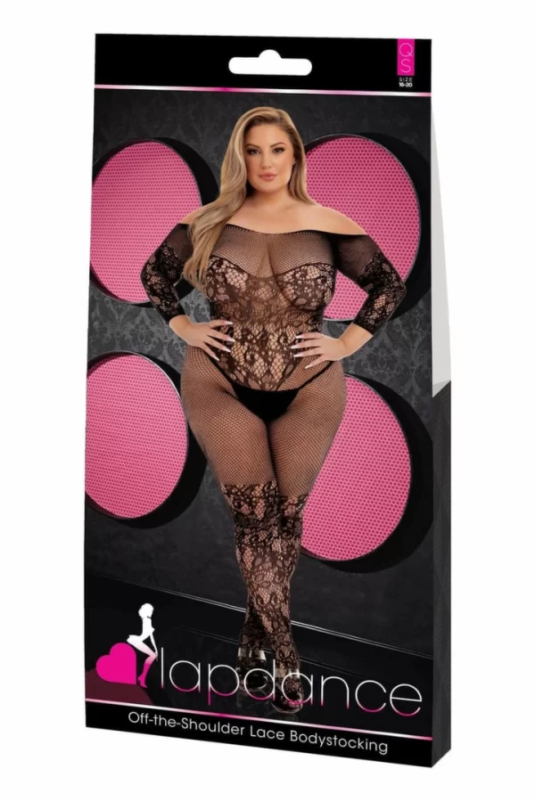 LAPDANCE Off-the-Shoulder Lace Bodystocking Black QS - Floral Mesh Design