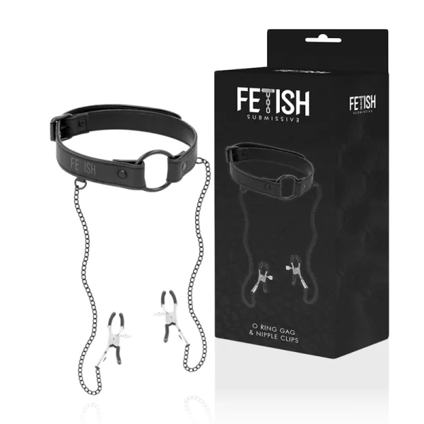 Vegan Leather Ring Gag with Adjustable Nipple Clamps