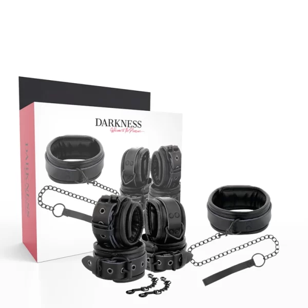 Black Leather Collar & Handcuff Set with Adjustable Leash