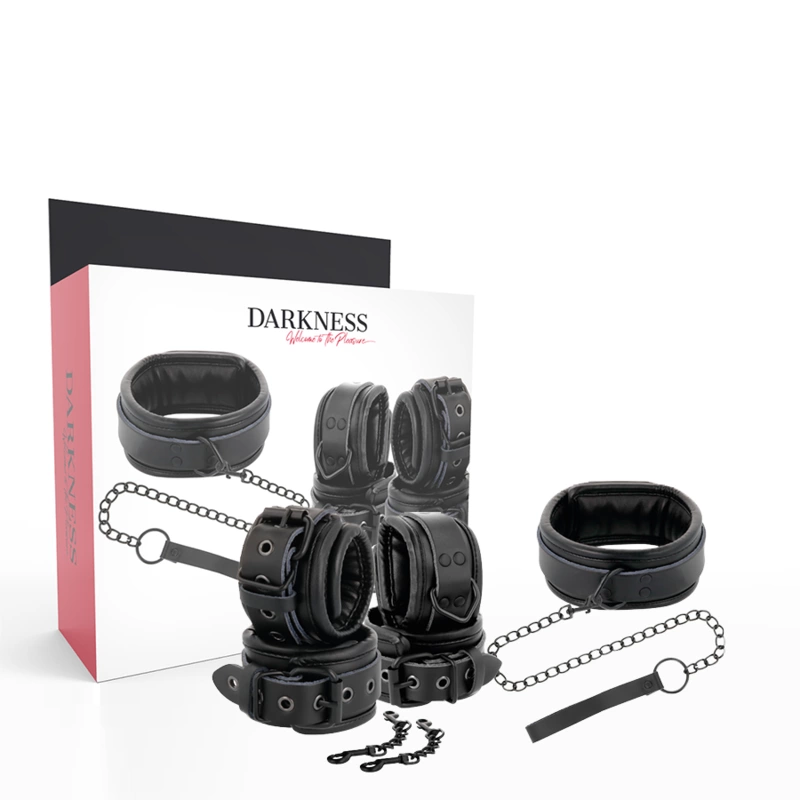 Black Leather Collar & Handcuff Set with Adjustable Leash