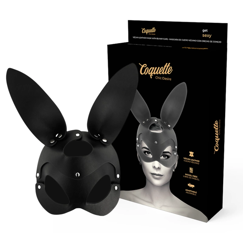 Chic Desire Vegan Leather Mask with Bunny Ears - Black