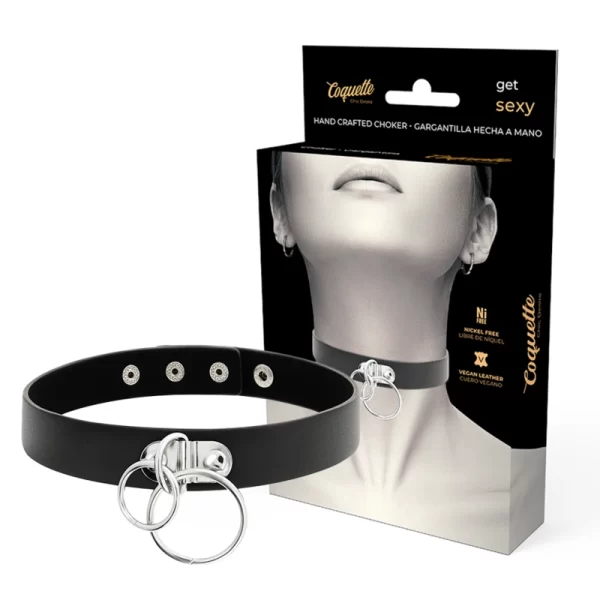 Chic Desire Vegan Leather Choker Double Ring Black 400mm