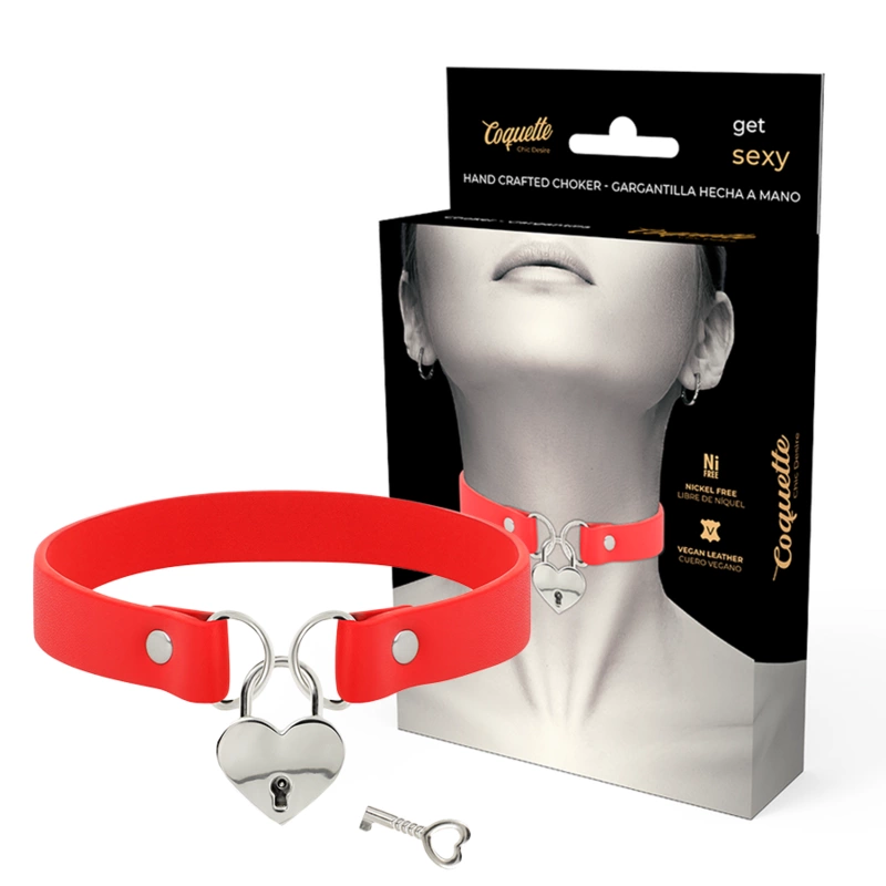 Chic Desire Vegan Leather Choker Red with Heart & Key Accent 40cm Chic Desire Vegan Leather Choker Red with Heart & Key Accent 40cm