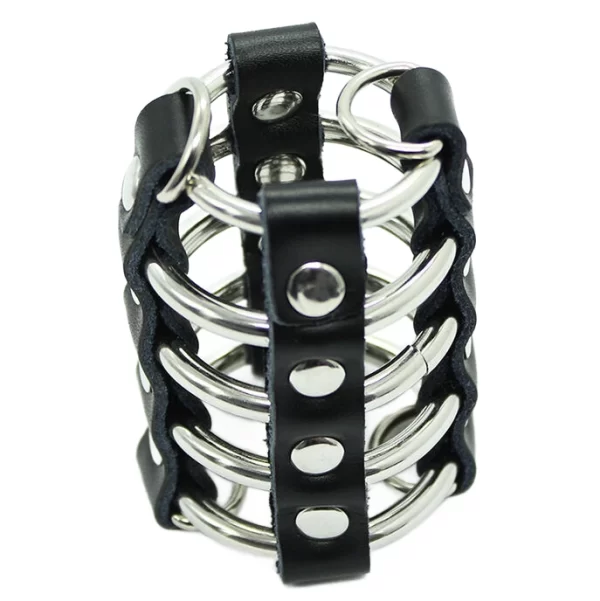 FETISH - Adjustable Metal Ring & Leather Strap Restraint Cage