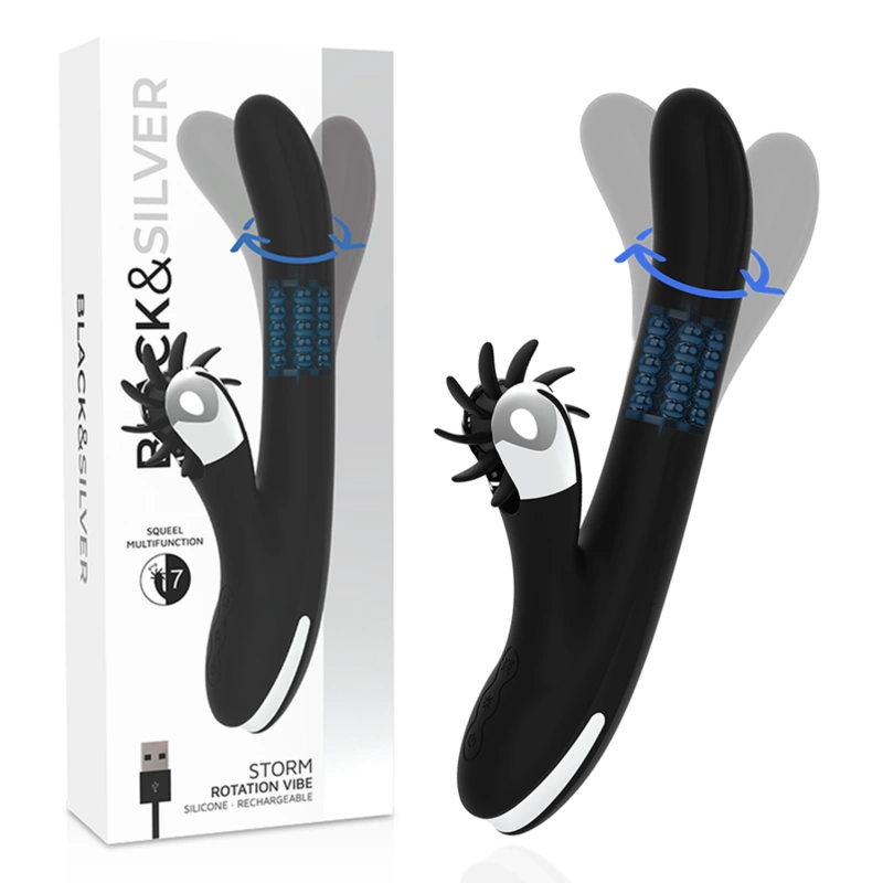 Black&Silver Bunny Storm Rotation Vibe USB Rechargeable Silicone 24cm