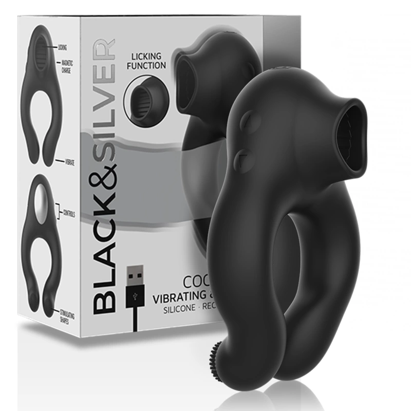 Black&Silver Licking Silicone Intimate Ring 3 Motors Rechargeable Black