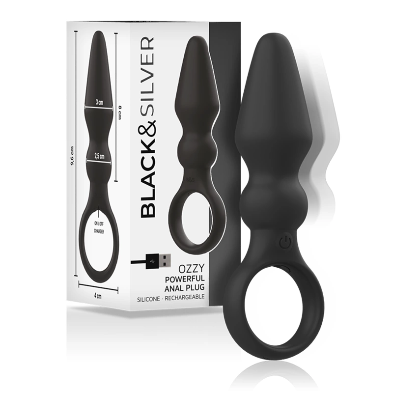 Black&Silver OZZY Silicone Vibrating Plug with Dual-Layer System
