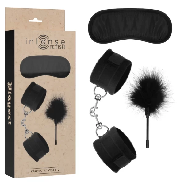 FETISH Playset 2 Vegan Leather Cuffs Blindfold Tickler Black
