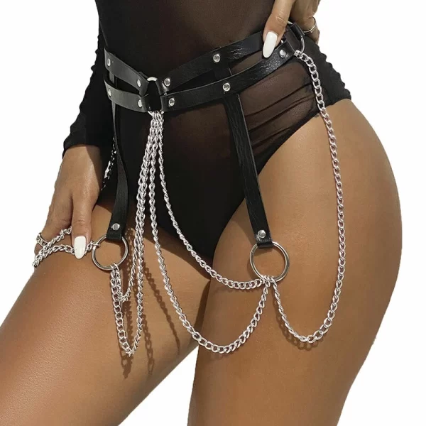 Alternative view of Black Leather Chain Belt - Adjustable with Metal Rings,
