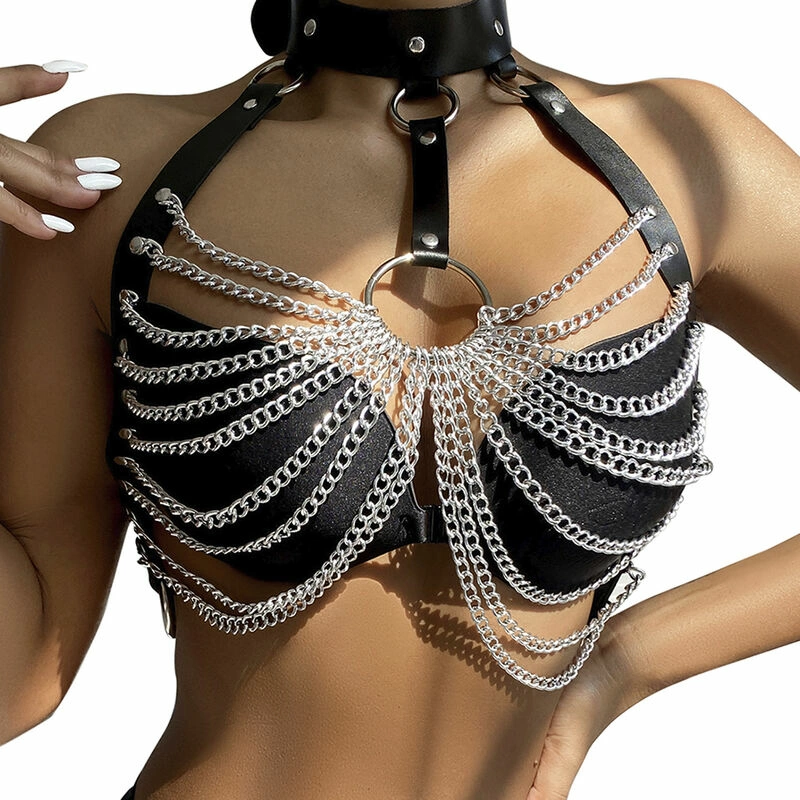 Chest Harness Black with Decorative Chain Details