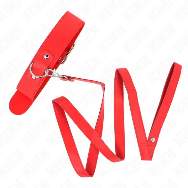 Red Adjustable Collar with Leash 116cm - Vegan Leather