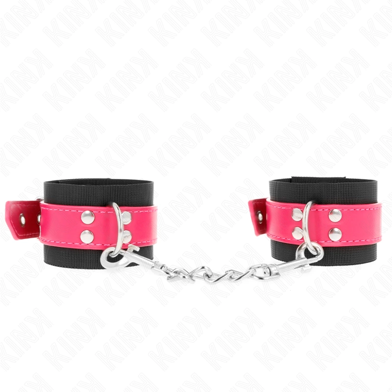 Nylon Wrist Restraints Black with Leatherette Raspberry Rose Adjustable 19-29cm