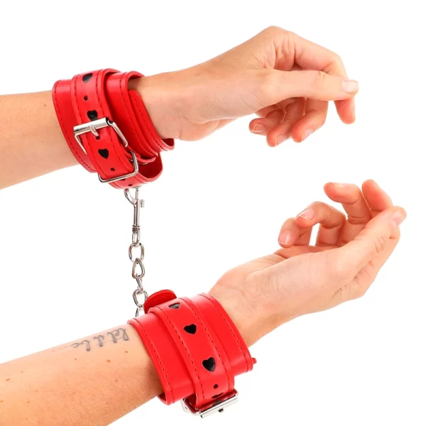 Red Wrist Restraints Adjustable with Black Heart Detail 21-28 cm