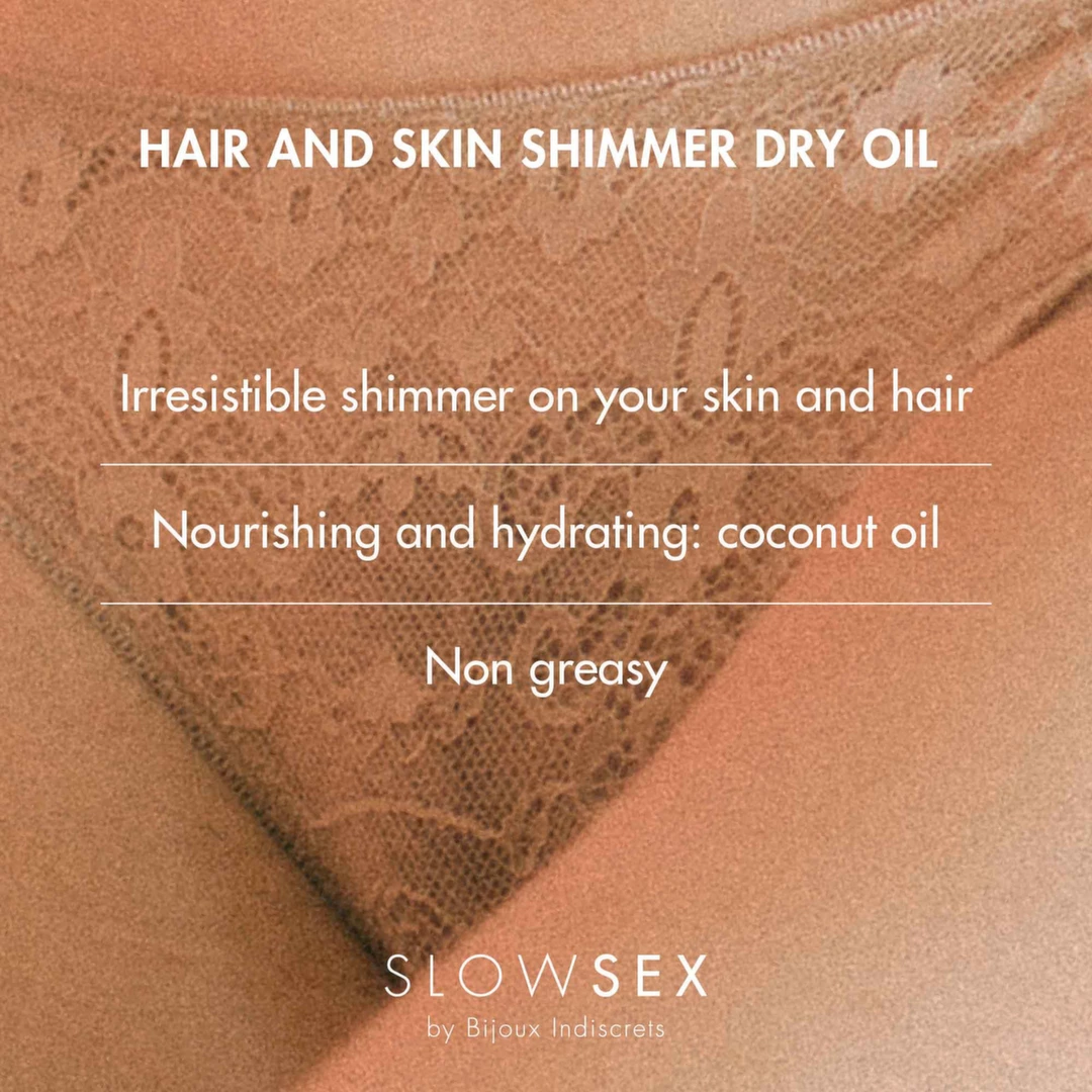 Bijoux Indiscrets Slow Sex Shimmer Dry Oil for Hair & Skin Coconut 30ml. Body care. See formula