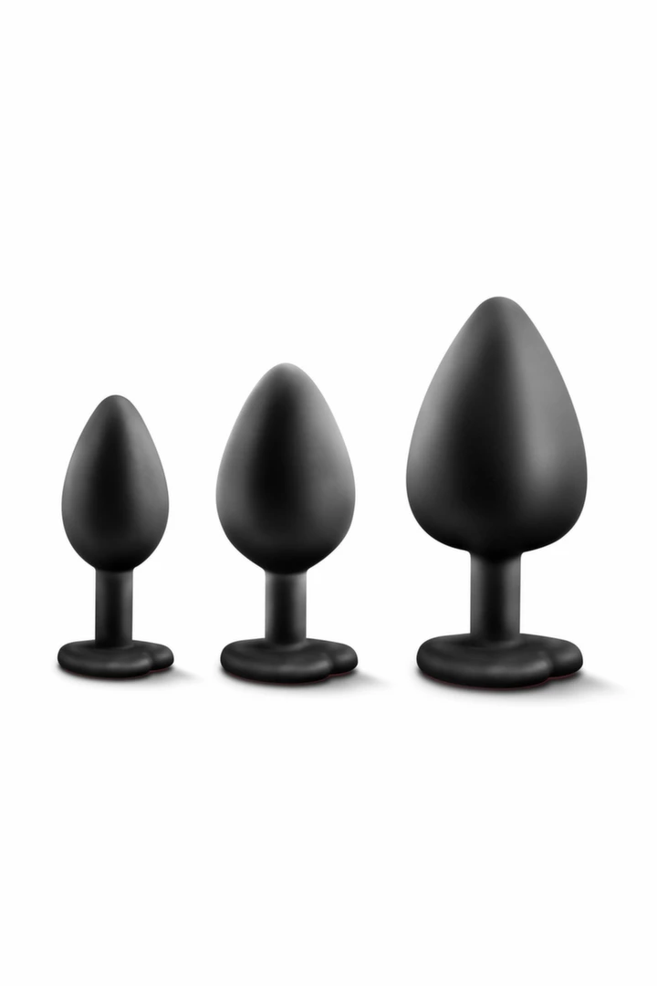 Blush Luxe Bling Plugs Training Kit Black with Red Gem Set S/M/L. Anal sets. See functions