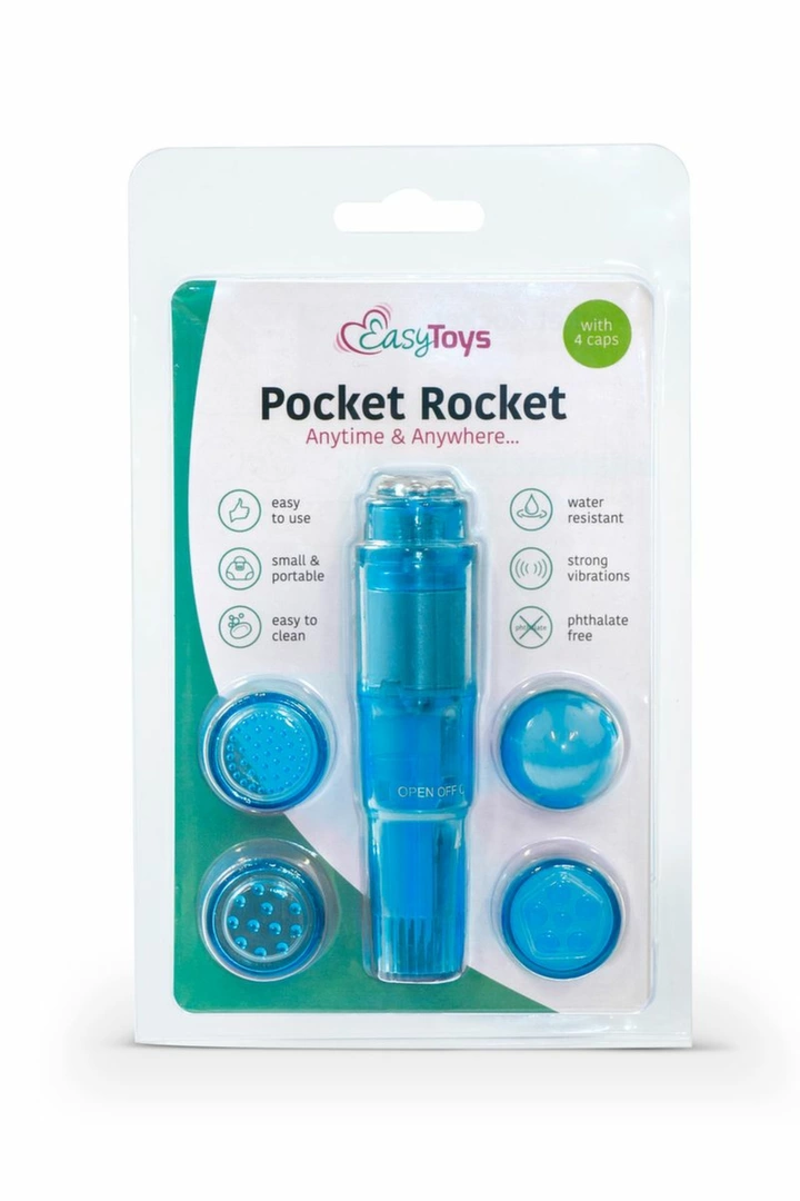 EasyToys Pocket Rocket Blue - Kompaktowy masażer intymny z 4 nasadkami - Anelma mini (pociski)