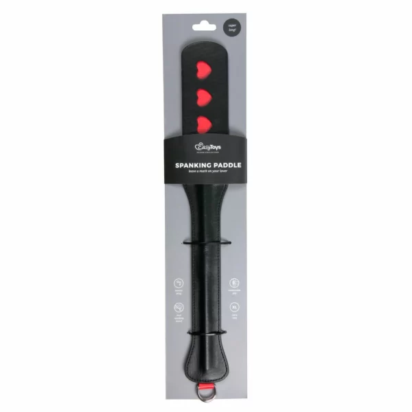 Ouch! Long Leather Paddle Black-Red with Decorative Heart