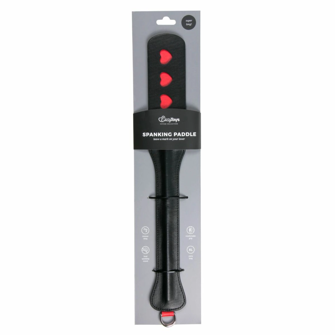 Ouch! Long Leather Paddle Black-Red with Decorative Heart
