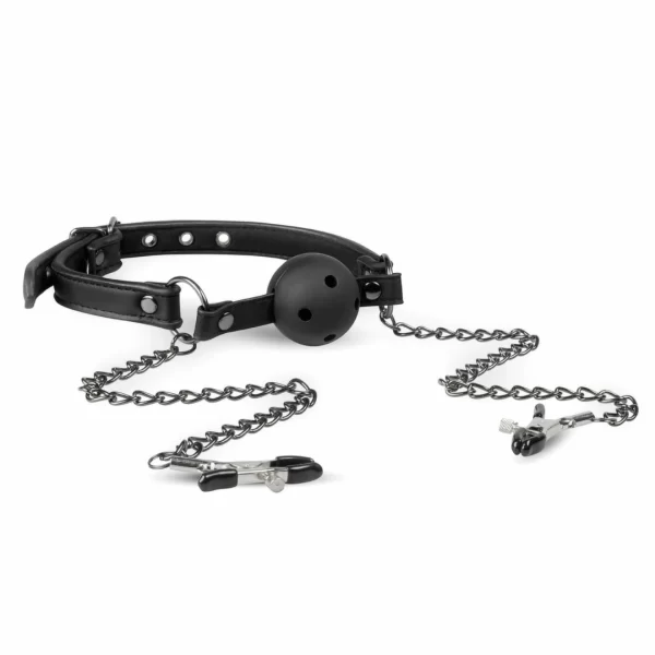 EasyToys Open Ball Gag Black z Regulowanymi Zaciskami