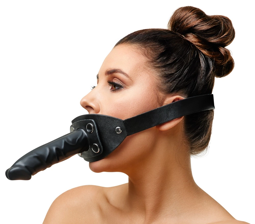 ZADO Double Gag System Skorzany z Paskiem na GÅ‚owÄ™ Czarny 13 cm
