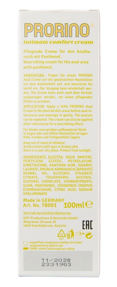 PRORINO Intimate Comfort Cream Anal Care 100ml - Soothing Formula. Intimate care. See formula