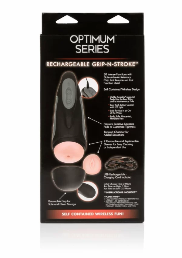 CalExotics Optimum Power Rechargeable Grip-N-Stroke Intimate Device combines 30 vibration modes and rechargeable power in a practical