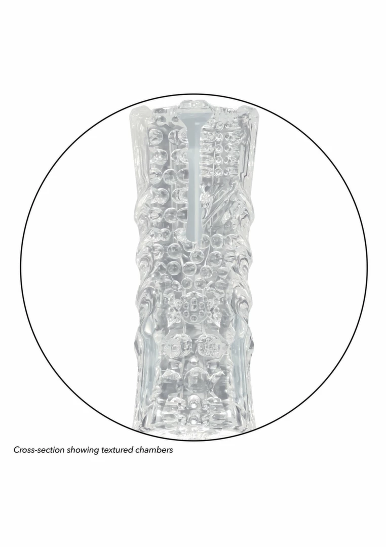 Cyclone Dual Chamber Stroker Transparent Multi-Texture System XL combines an ergonomic design for comfortable