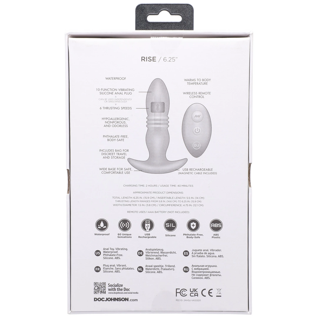 Doc Johnson A-Play Rise Silicone Plug with Remote 12 Modes Black. Butt plug