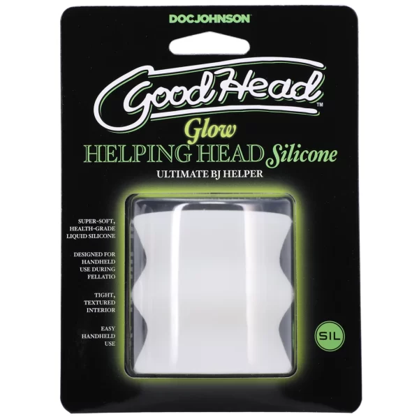 Doc Johnson Glow Helping Head Silicone Sleeve Frost/Green Glow combines waterproof construction and body-safe silicone in a practical