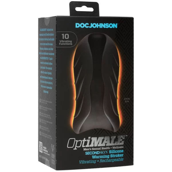 Doc Johnson OptiMALE Silicone Stroker Heated Rechargeable Black combines rechargeable power and smooth silicone in a practical