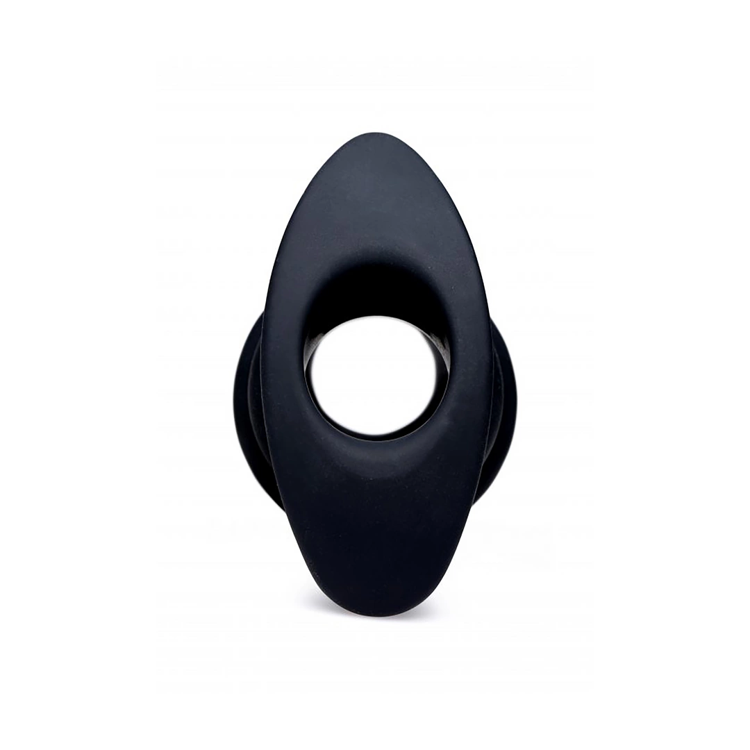 XR Brands HIVE Tunnel Plug Medium Silicone Ribbed Hollow Black. Butt plug. See functions