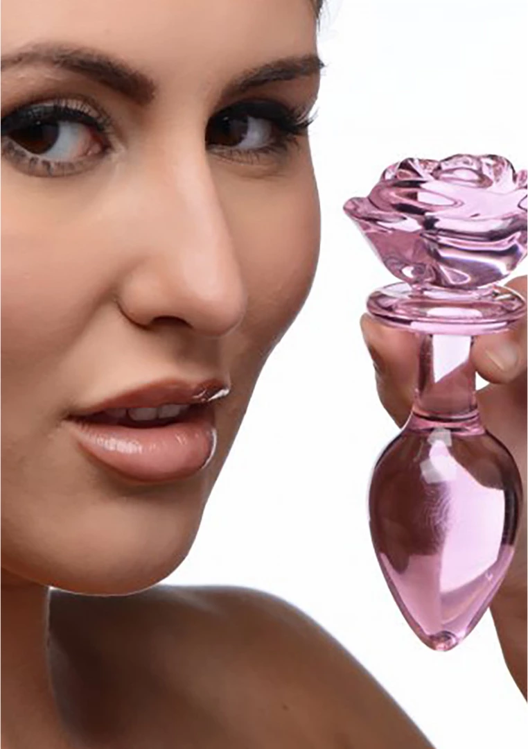 XR Brands Pink Rose Glass Intimate Plug Large - Artistic Borosilicate. Butt plug. See functions