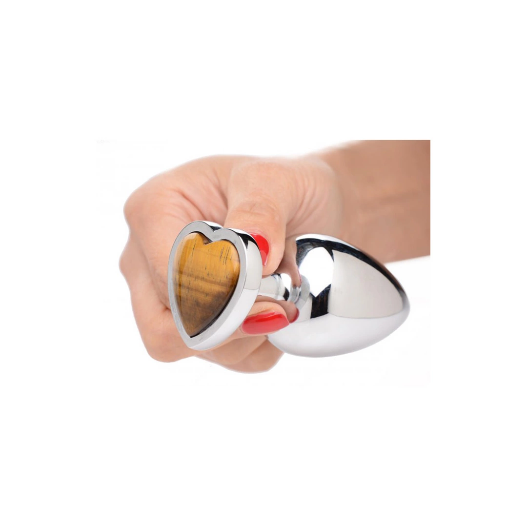 XR Brands Heart Plug Large - Aluminum & Tiger Eye Gem - Anelma XR Brands Heart Plug Large - Aluminum & Tiger Eye Gem