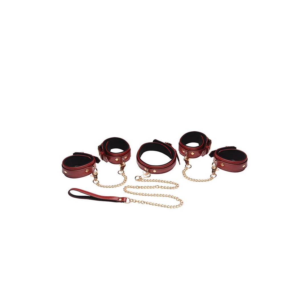 XR Brands Bondage Kit Burgundy PU Leather Adjustable 6-Piece
