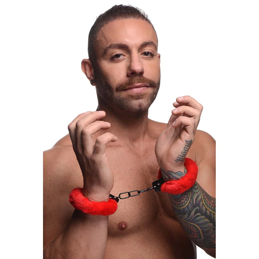 XR Brands Furry Adjustable Red Restraint Handcuffs with Keys - Anelma XR Brands Furry Adjustable Red Restraint Handcuffs with Keys