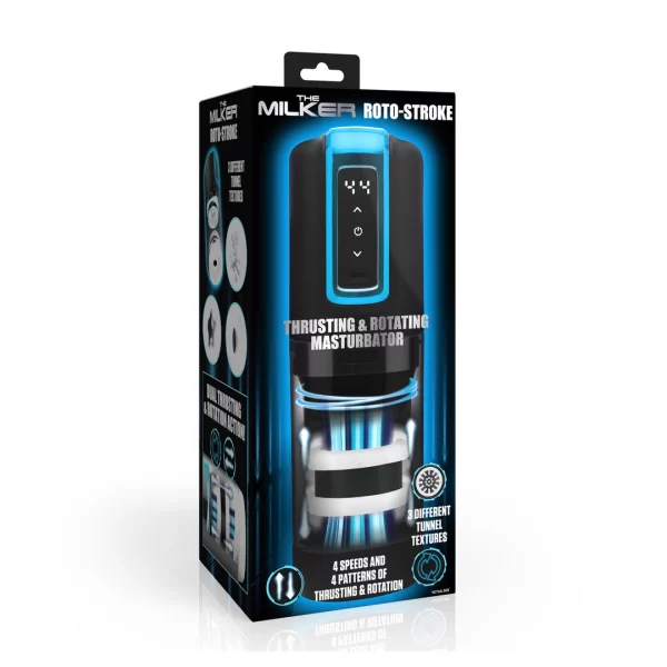 XR Brands Roto-Stroke Black Thrusting & Rotating Intimate Machine combines rechargeable power and waterproof construction in a practical