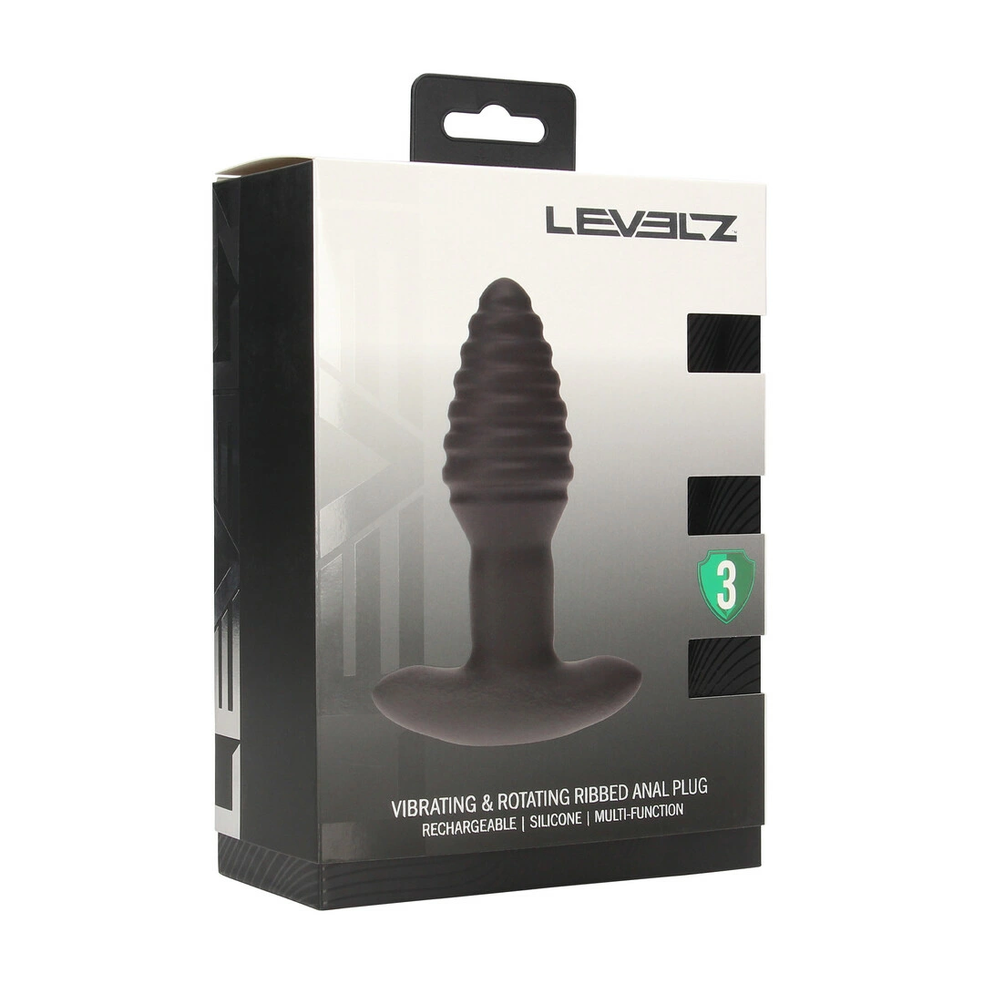 LEVELZ Plug silikonowy czarny - wibrujący model z rotacją i żebrowaniem - Anelma LEVELZ Plug silikonowy czarny - wibrujący model z rotacją i żebrowaniem