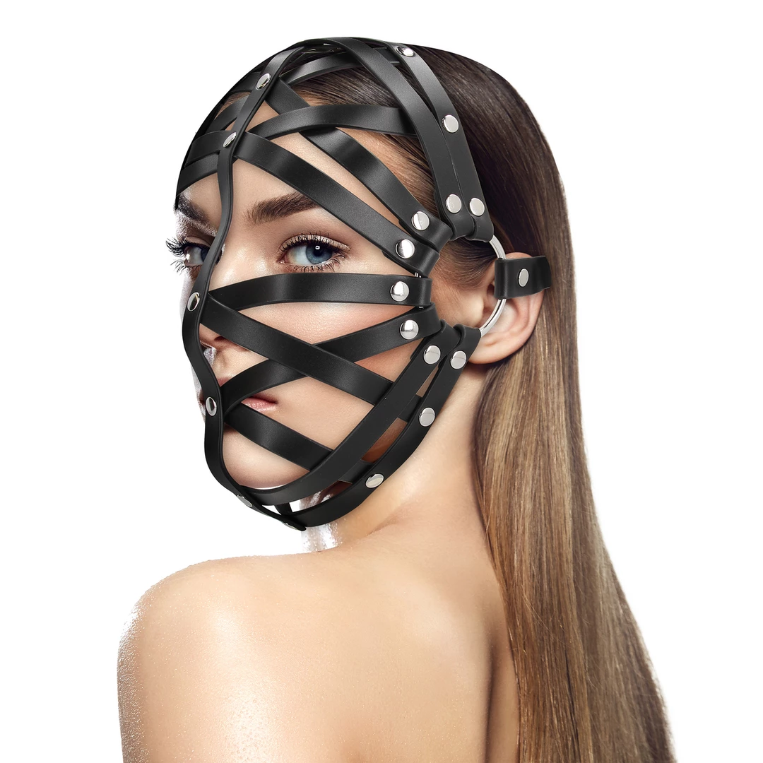 Ouch! Cage Mask Black - Regulowana maska z ekoskory