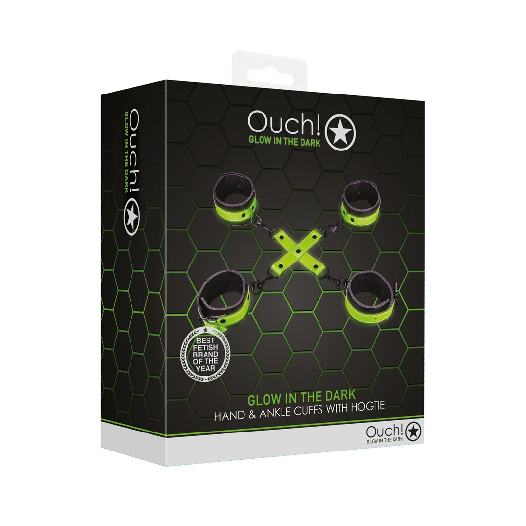 Ouch! Glow in the Dark Hand & Ankle Cuffs Set with Hogtie