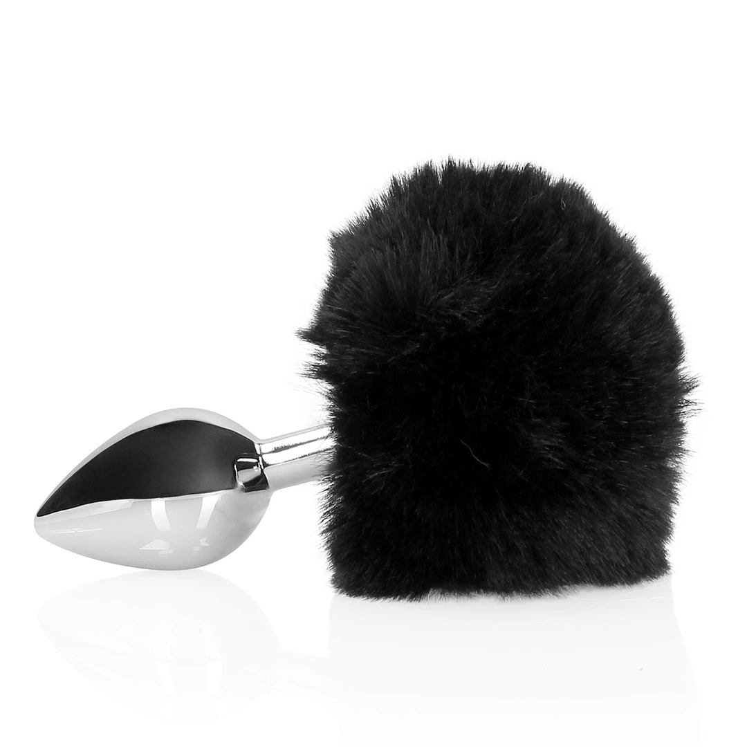 DiGiTails Black Metal Plug with Soft Bunny Tail - Compact Size. Butt plug. See functions
